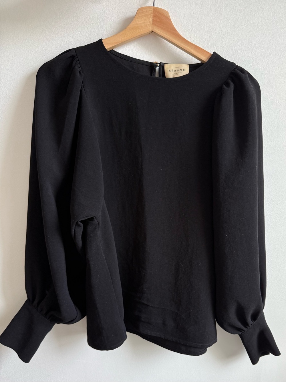 Sezane Black Blouse with Button Cuff Detail